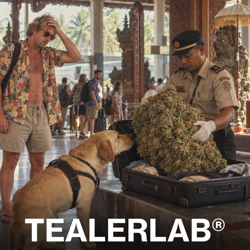 Douanier et chien renifleur sortant un bourgeon de cannabis géant de la valise d'un touriste à Bali