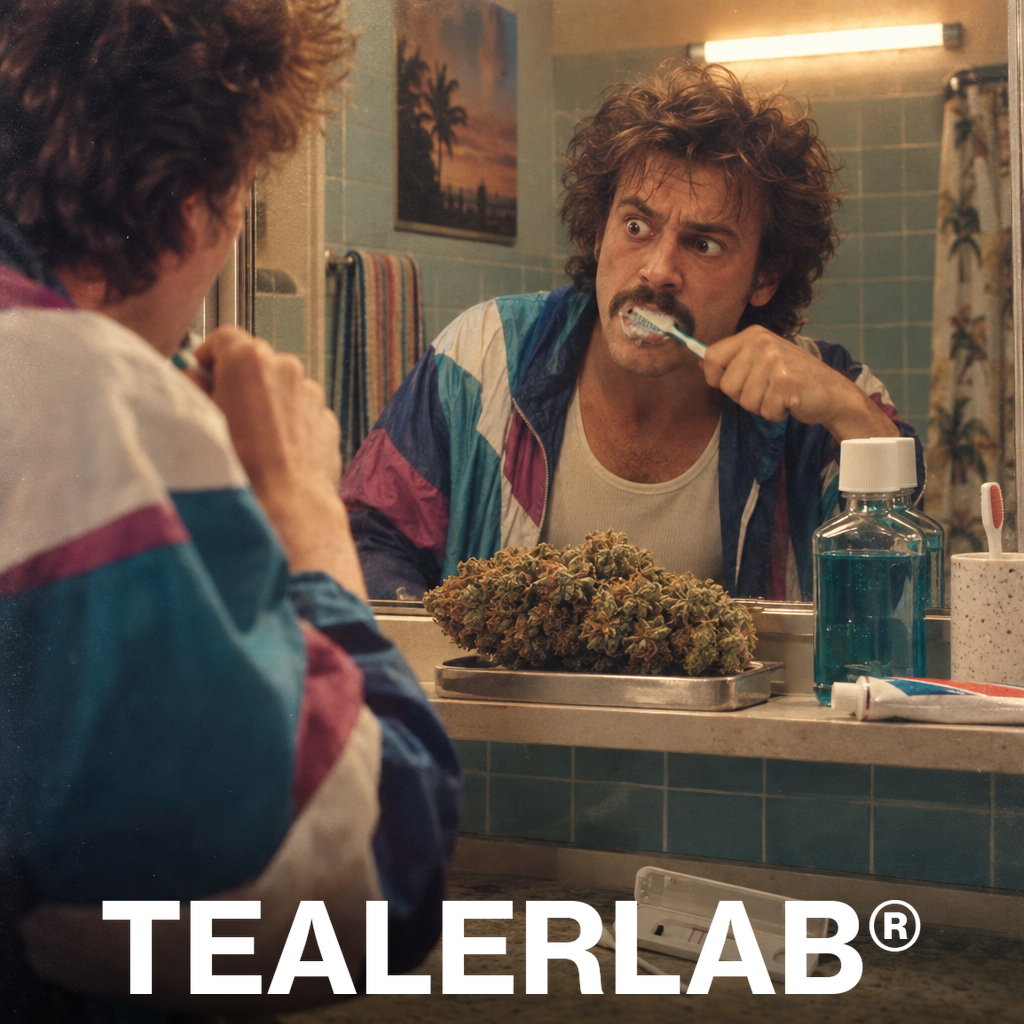 Personne rétro 80s se brossant les dents face à un test salivaire THC - comment enlever