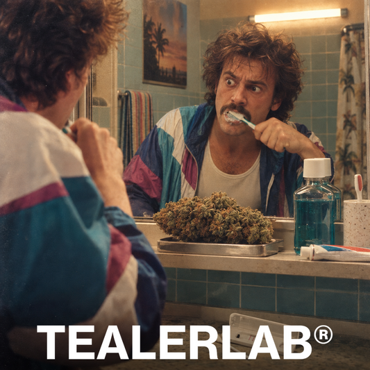 Personne rétro 80s se brossant les dents face à un test salivaire THC - comment enlever