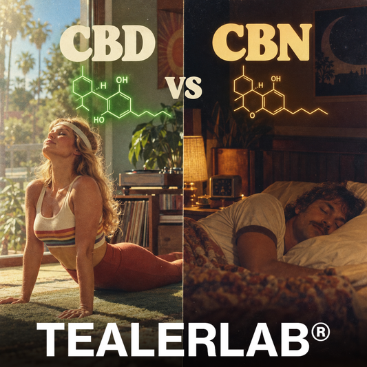Scène jour-nuit rétro comparant CBD actif et CBN sommeil - différence cannabinoïdes