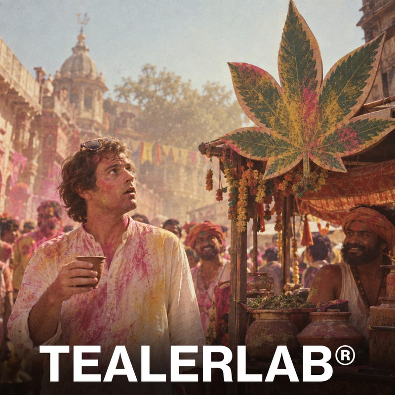 Touriste couvert de poudre colorée pendant Holi devant une feuille de cannabis géante, bhang et loi sur le cannabis en Inde