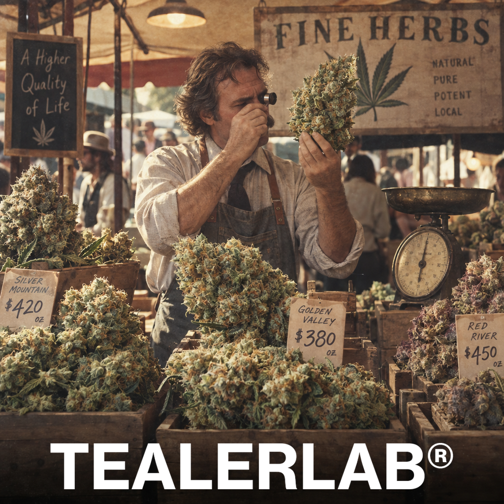 Vendeur vintage examinant des fleurs de CBD géantes au marché - comment choisir la qualité