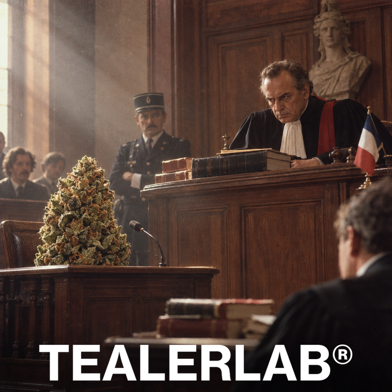 Tribunal français rétro avec bud CBD géant au banc des accusés - loi cannabis France