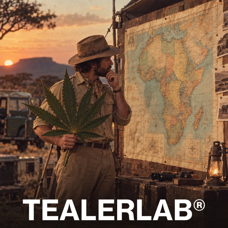 Explorateur rétro devant une carte de l'Afrique tenant une feuille de cannabis géante, loi sur le CBD en Afrique