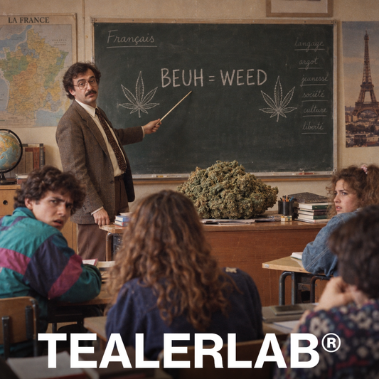 Cours de français rétro expliquant beuh vs weed au tableau - même chose ou pas