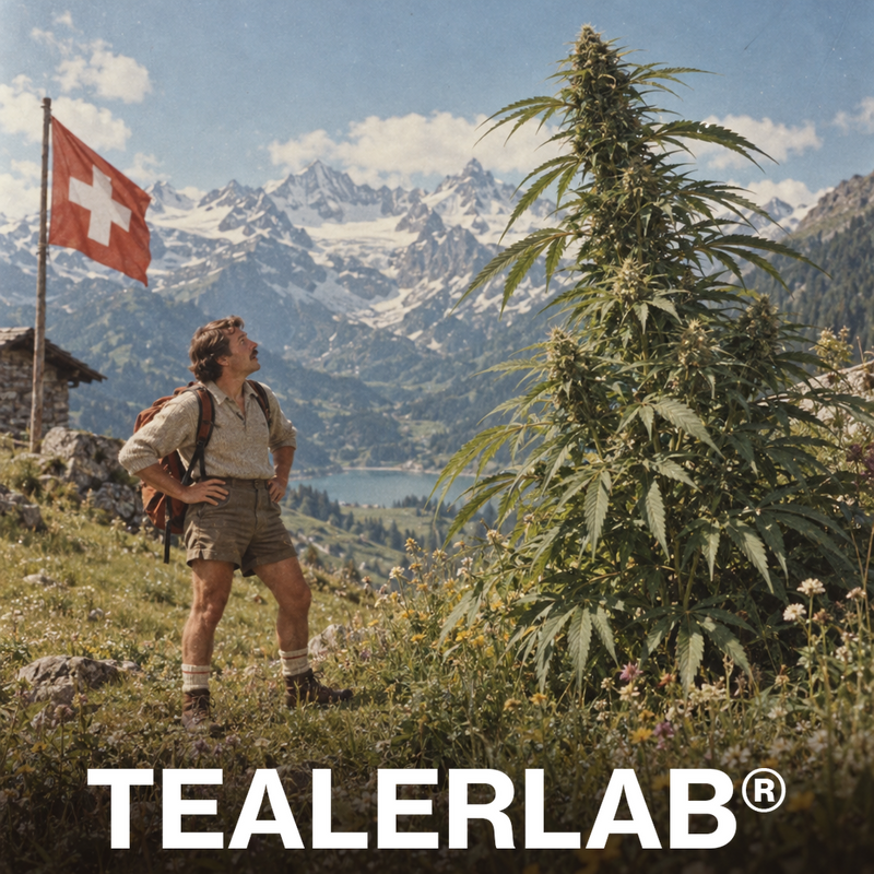 Randonneur suisse rétro découvrant du cannabis géant dans les Alpes - loi CBD Suisse