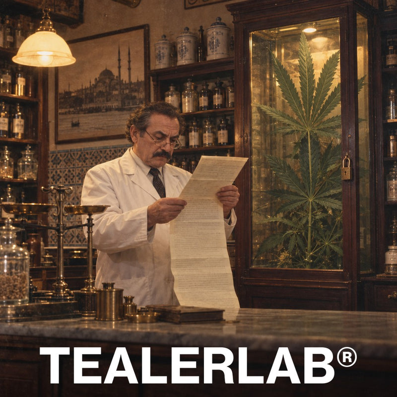 Pharmacien d'Istanbul lisant un décret devant une feuille de cannabis géante enfermée dans une vitrine