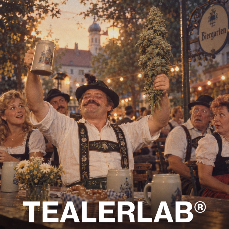 Biergarten allemand rétro célébrant la légalisation avec bud géant - loi cannabis Allemagne