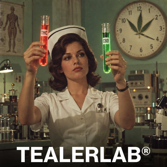 Infirmière rétro 70s avec tubes THC et CBD et horloge cannabis - durée dans le sang