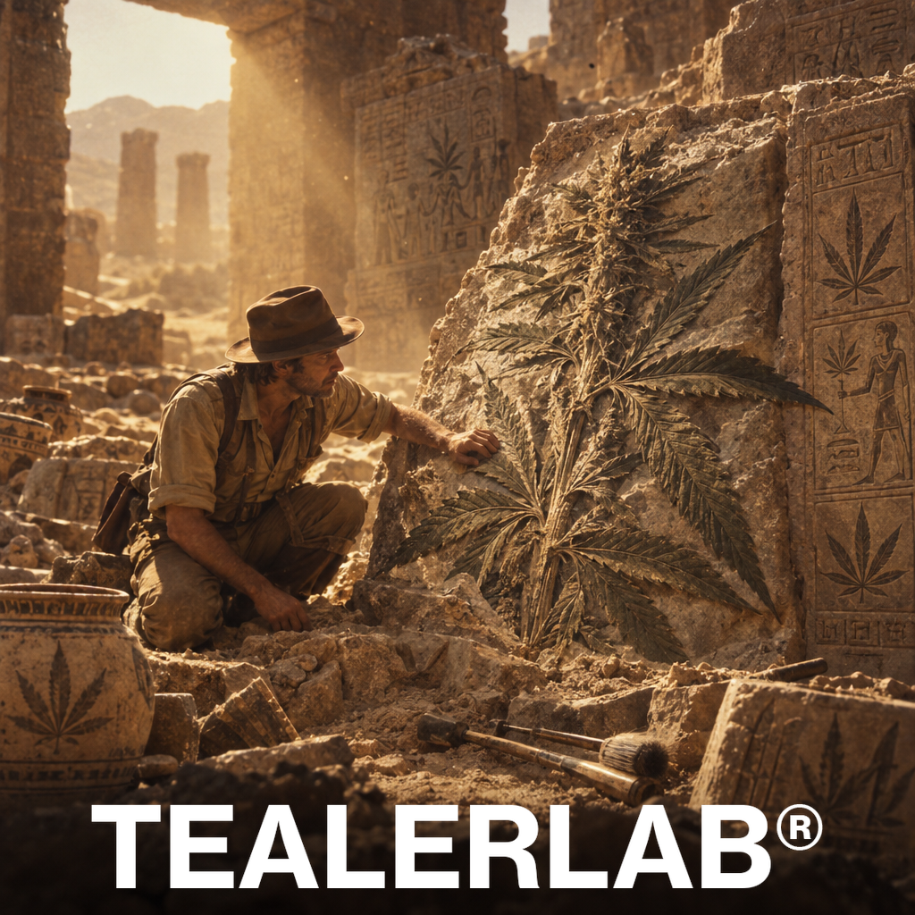 Archéologue découvrant un fossile de cannabis dans des ruines antiques - histoire du CBD