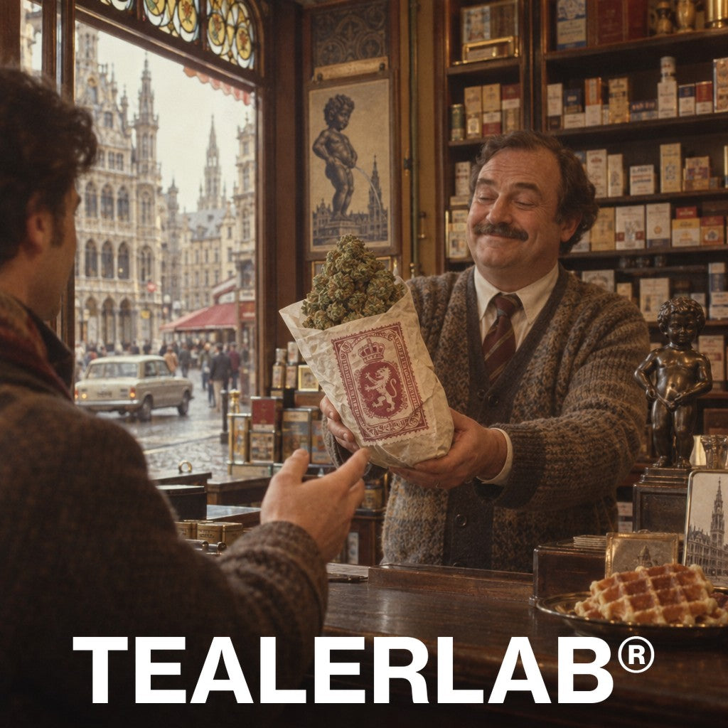 Buraliste bruxellois des années 70 tendant une fleur de CBD géante avec vignette fiscale, illustration de la loi belge