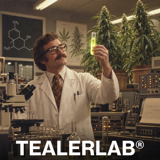 Scientifique rétro 70s présentant la nouvelle molécule THM dans un laboratoire - découverte