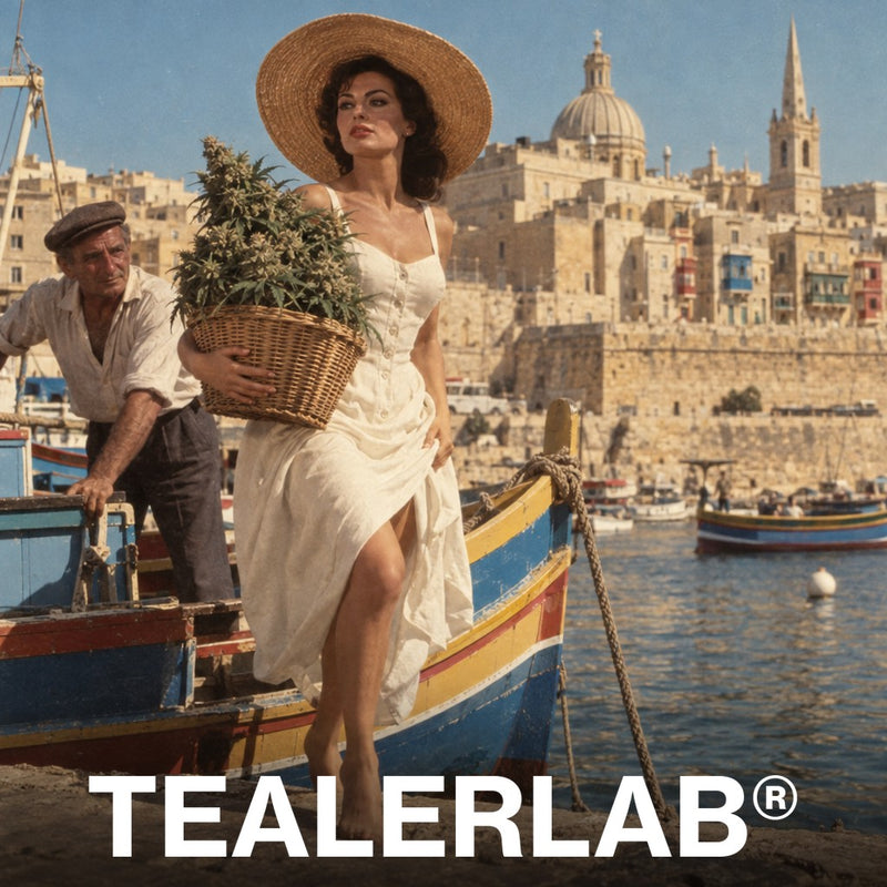 Femme en robe de lin descendant d'une barque maltaise avec une fleur de CBD géante devant les remparts de La Valette
