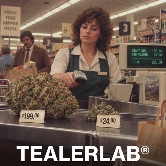 Caisse de supermarché rétro comparant prix beuh et CBD - comparatif 2026