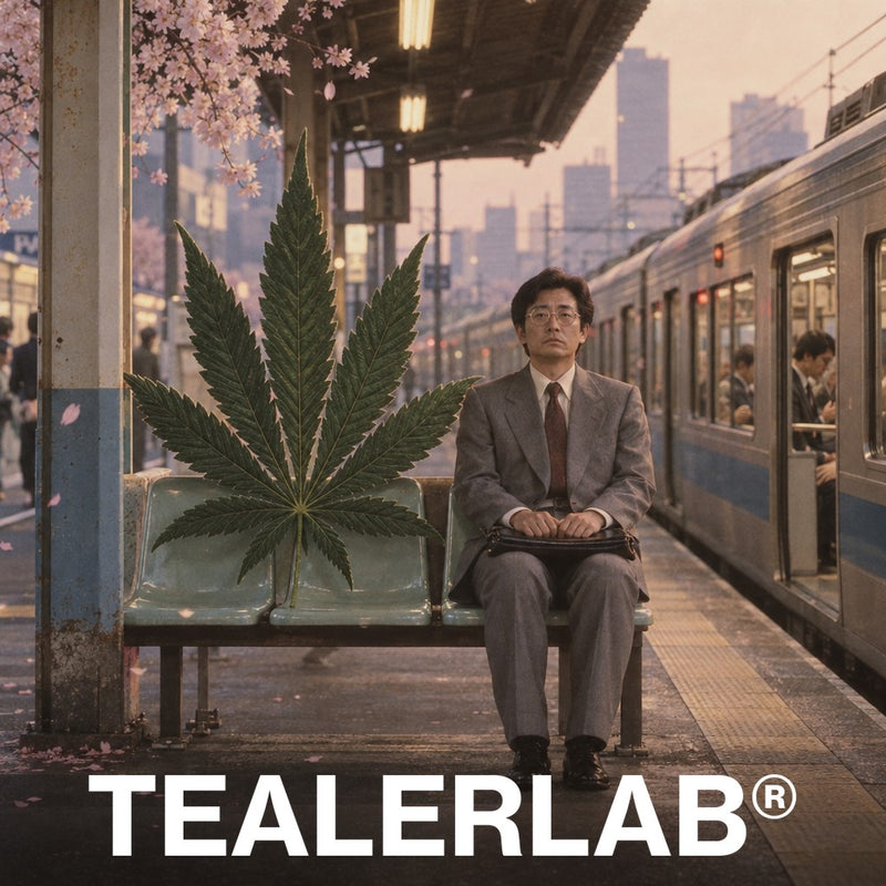Salarié japonais assis sur un quai de gare à côté d'une feuille de cannabis géante, loi sur le CBD au Japon