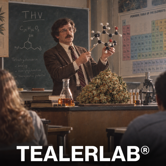 Professeur de chimie rétro présentant la molécule THV avec un bud géant - THV expliqué