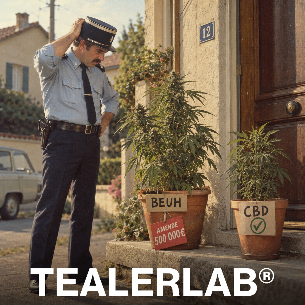 Policier français rétro confus devant plants de beuh et CBD - amendes et loi