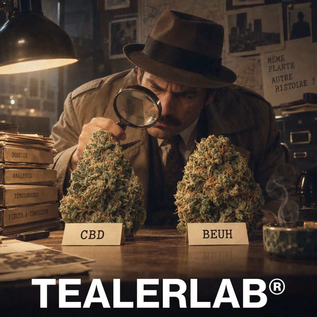 Détective rétro examinant les différences visuelles entre CBD et beuh - identification