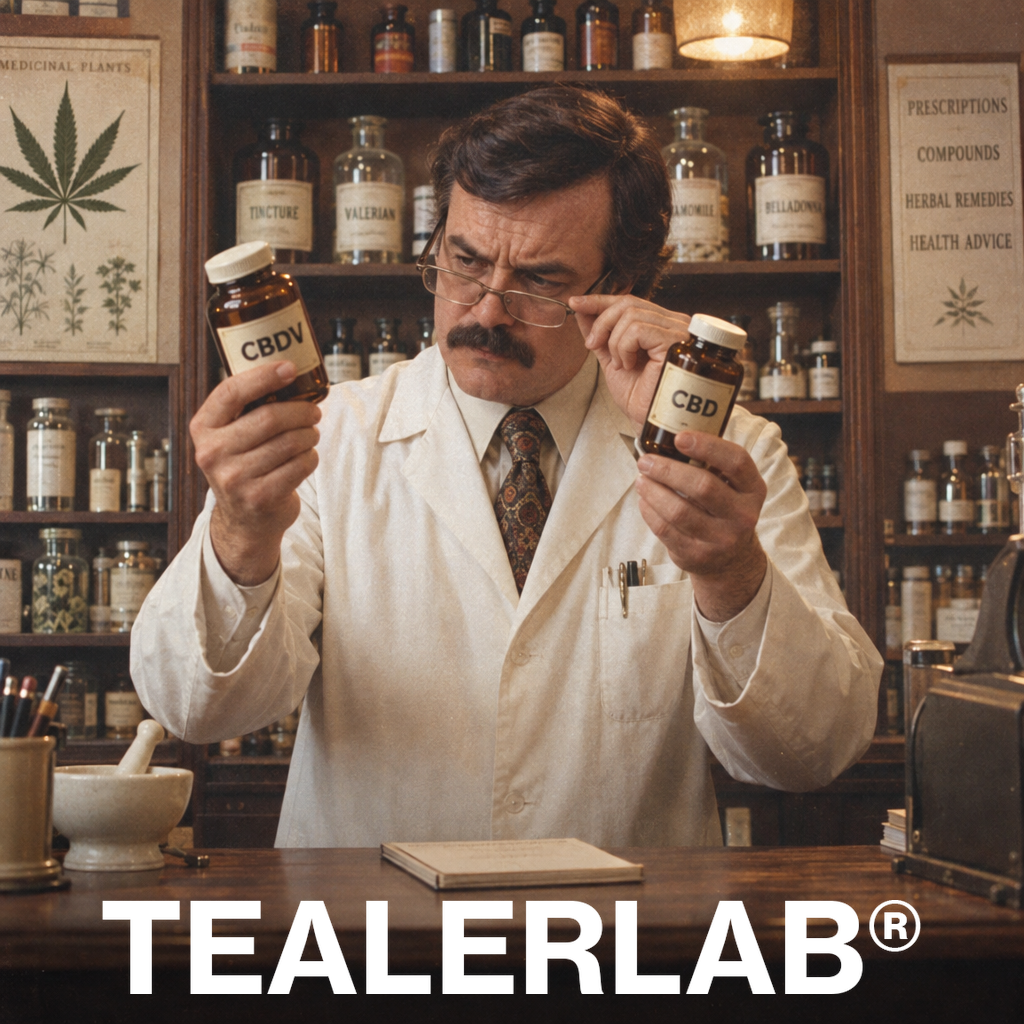 Pharmacien rétro 70s comparant flacons CBDV et CBD - différences effets et légalité