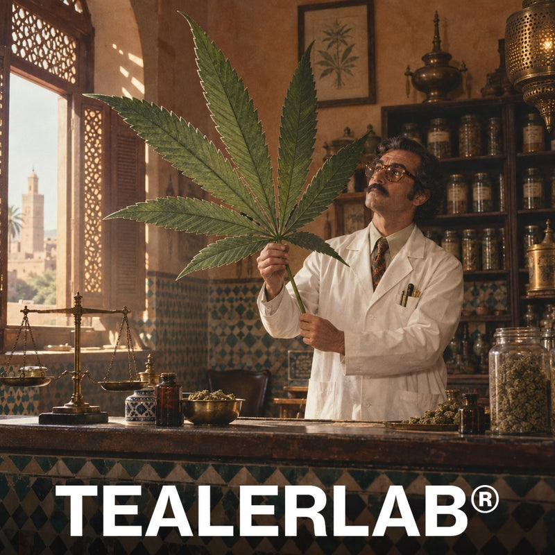Pharmacien rétro dans une officine marocaine tenant une feuille de cannabis géante, CBD légal au Maroc
