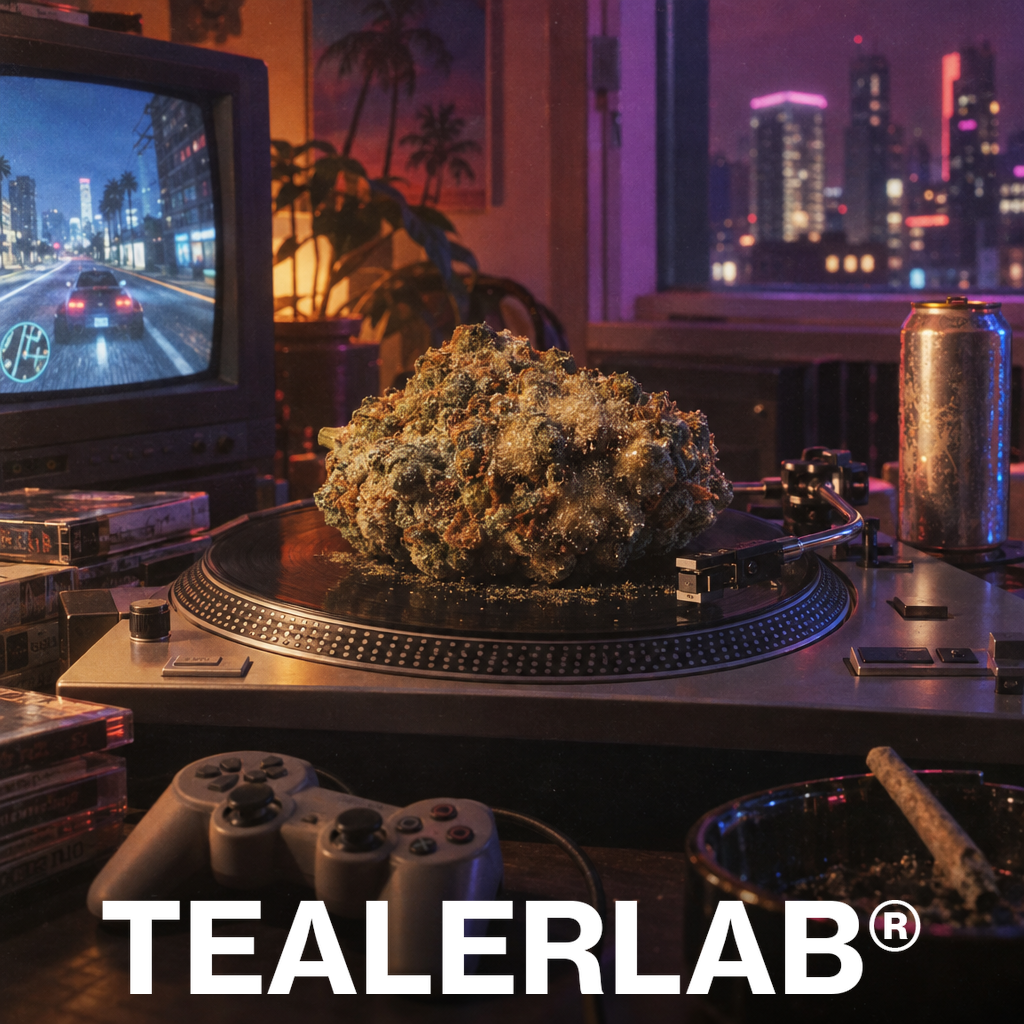Moon Rock CBD géant sur platine vinyle dans chambre gaming rétro - Moon Rock'star