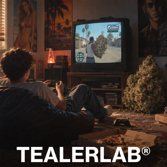 Joueur rétro 2000s avec écran GTA et bud CBD géant livré du jeu - GTA 6 CBD