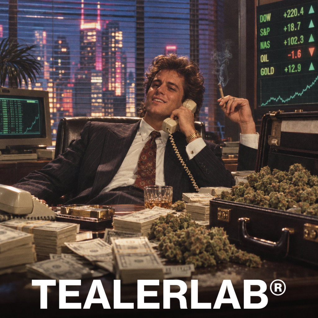 Entrepreneur vintage 80s avec bureau couvert de cannabis et cash - business CBD