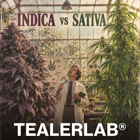 Botaniste rétro comparant plantes Indica et Sativa géantes en serre - différences