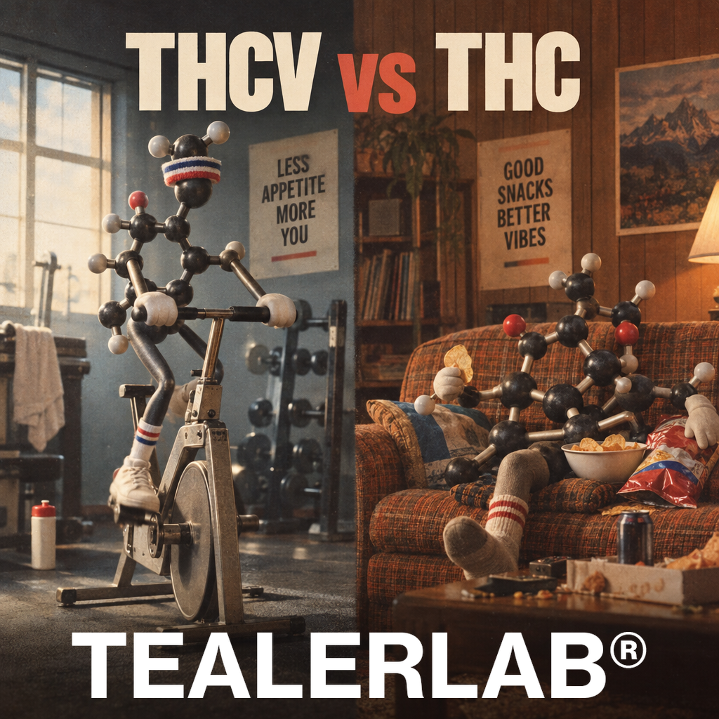 Molécule THCV sportive vs THC relaxée sur canapé rétro - cannabinoïde coupe-faim