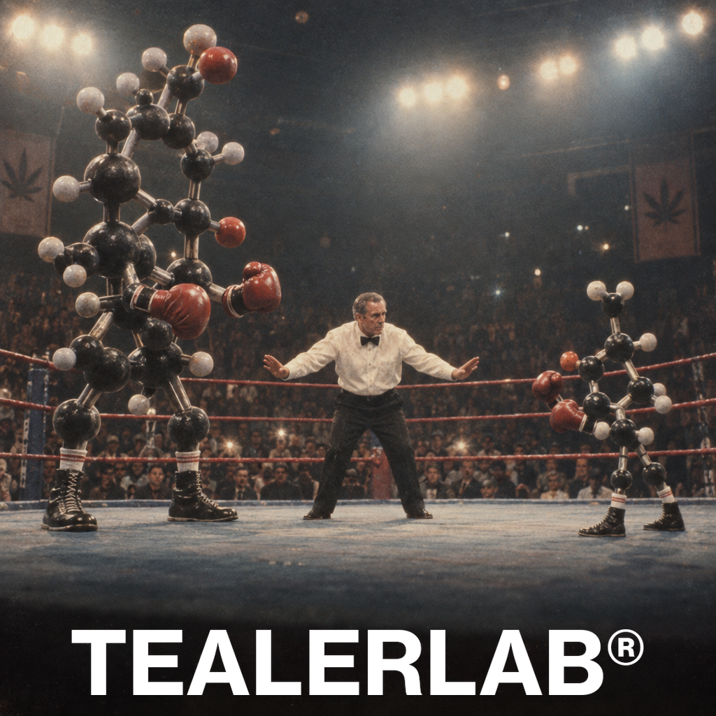 Combat de boxe rétro entre molécules THV-N10 et THC dans un ring vintage - cannabinoïde puissant
