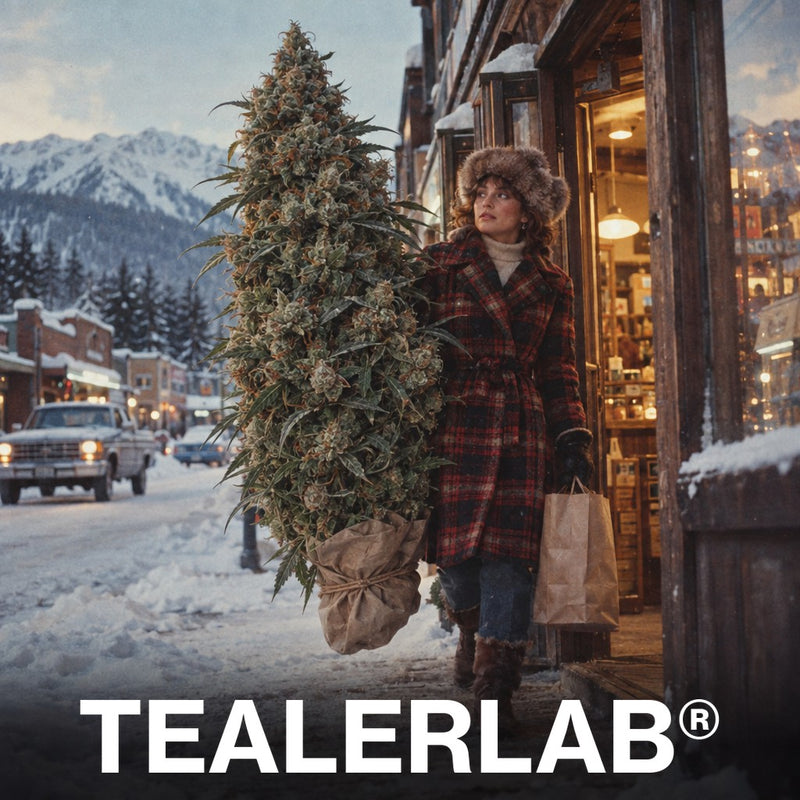 Femme en manteau à carreaux devant une boutique enneigée et un bourgeon de cannabis géant, cannabis au Canada