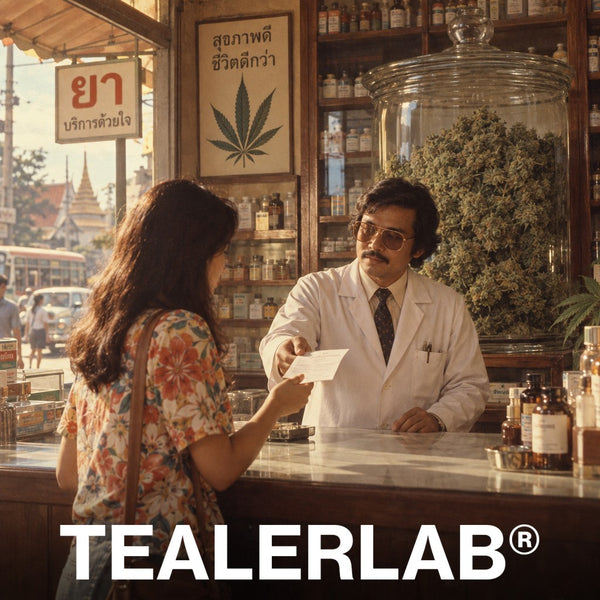 Pharmacienne tendant une ordonnance devant un bocal géant de cannabis, illustration de la loi en Thaïlande