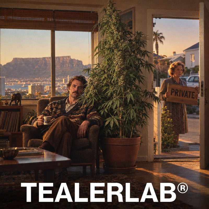 Salon du Cap avec un plant de cannabis géant à l'intérieur et une pancarte PRIVATE dans la rue